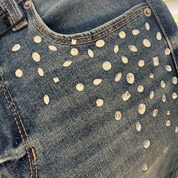 Embellished High-Rise Jeans Washed Denim Rhinestone Straight Jeans - Picture 8 of 11